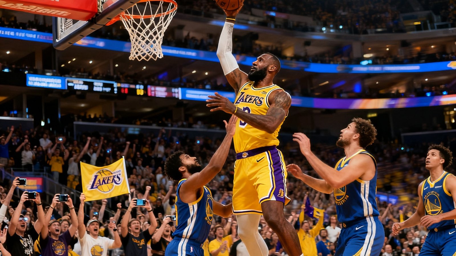 NBA湖人队凭借詹姆斯压哨三分绝杀勇士，全场沸腾